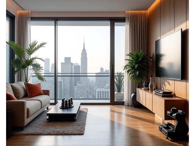 Modern, compact home gym setup in a stylish apartment living room